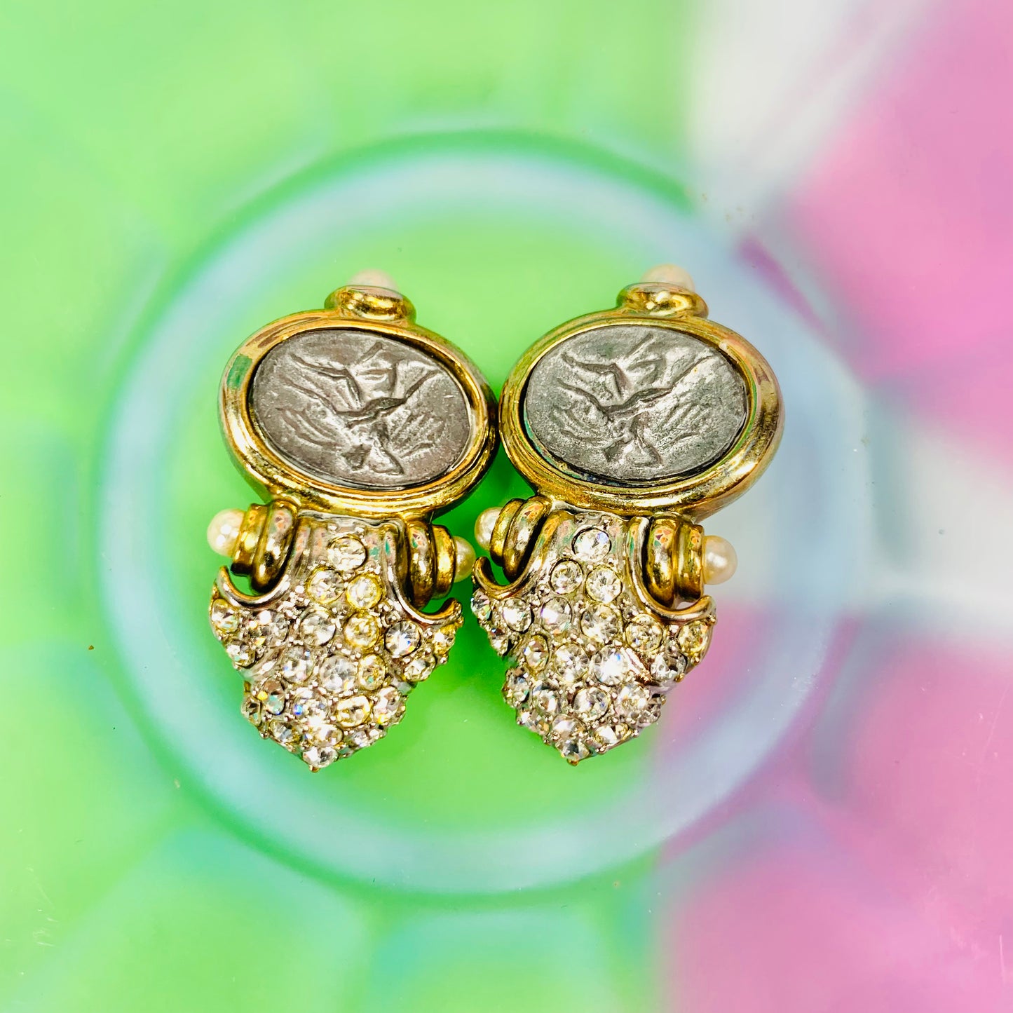 1950s gold plated cameo drop earrings with pearls