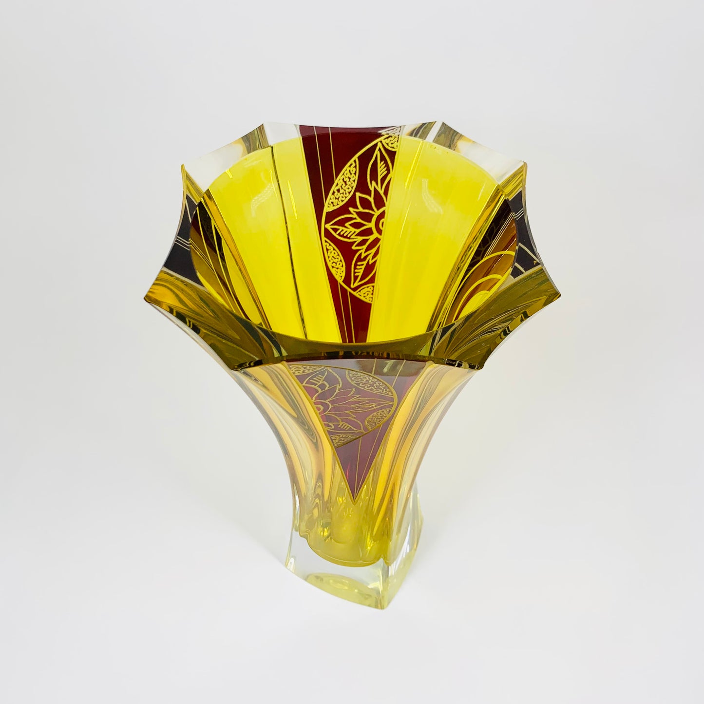 Extremely rare antique Art Deco footed spiral citrine and ruby enamel vase by Karl Palda