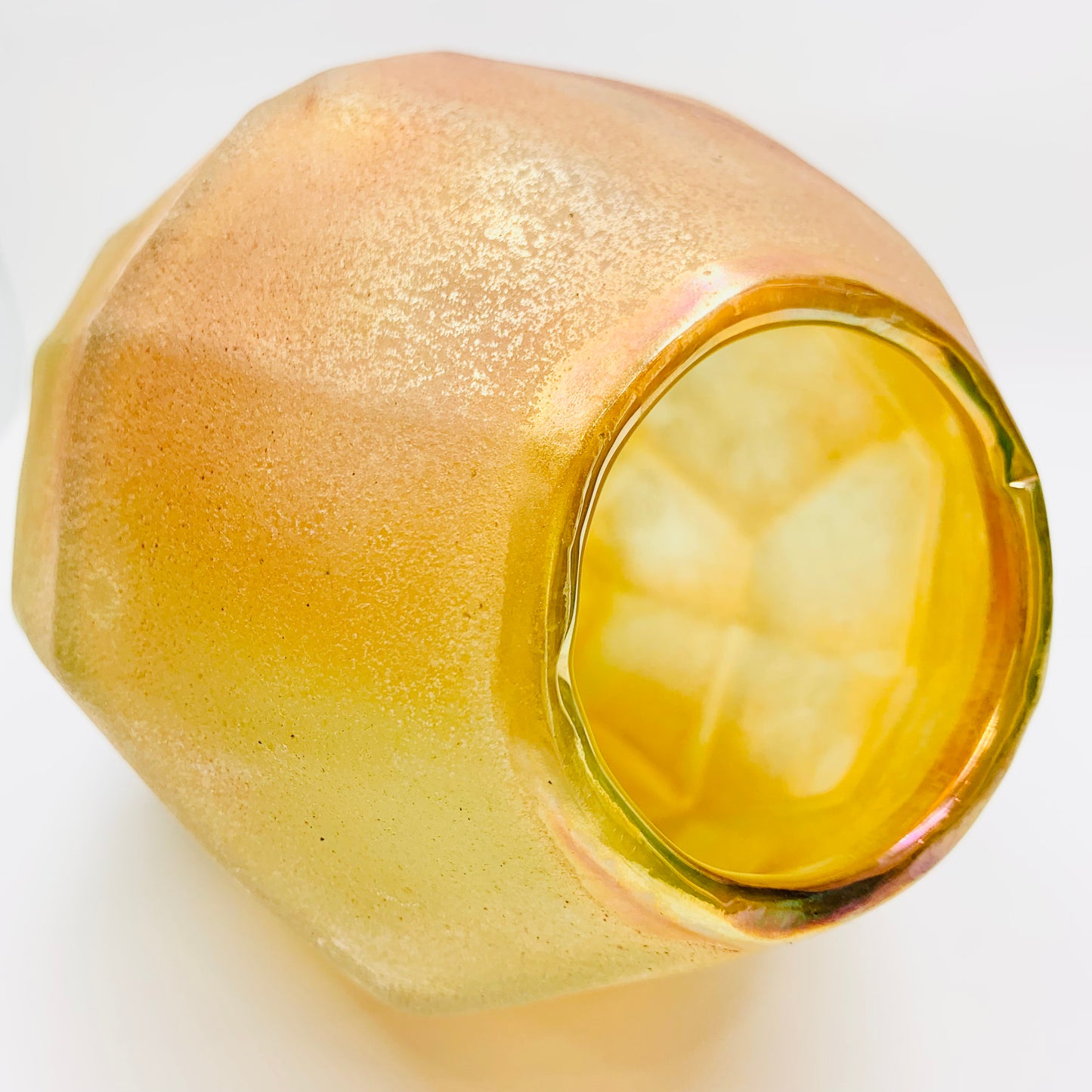 Vintage hand made iridescent amber glass acid washed coated vase