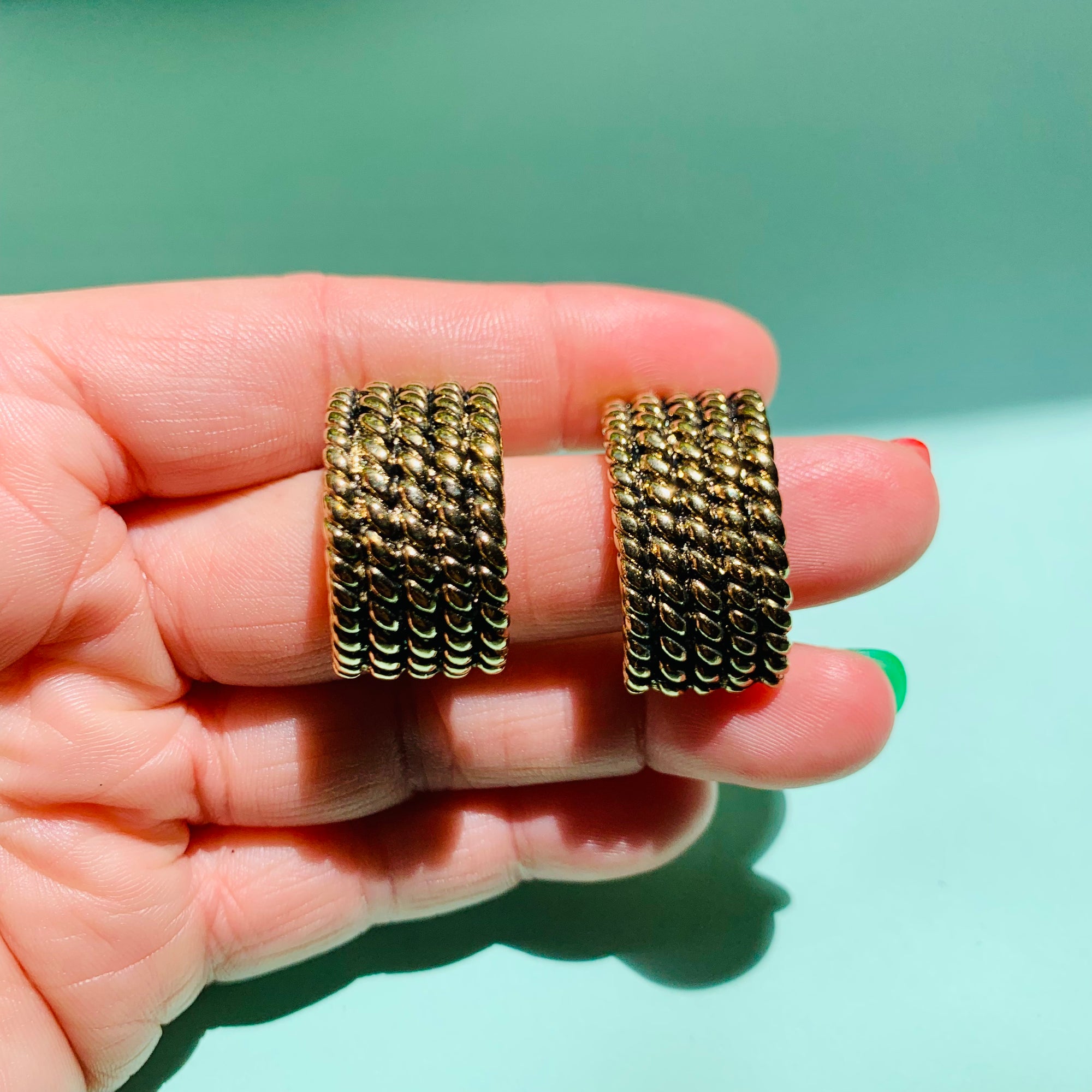 1980s gold plated filigree wide half hoop clip on earrings