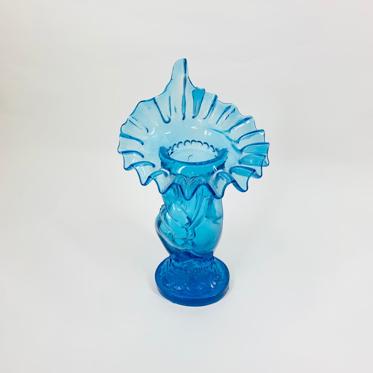 American Fenton Blue Pressed Glass Hand Holding Ruffle Vase