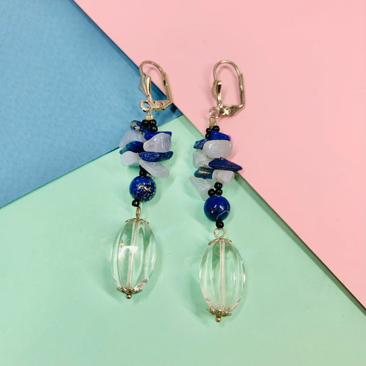 1970s silver plated drop earrings with lapis and raw stones