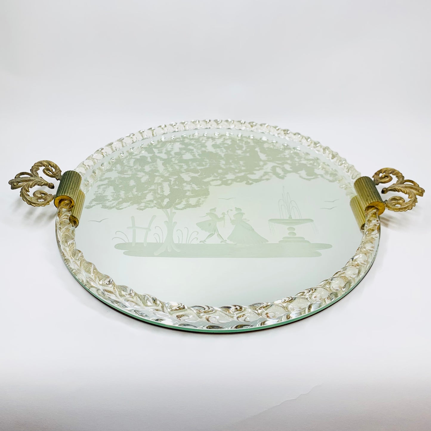 1940s hand etched mirror tray with gold aventurine rope border