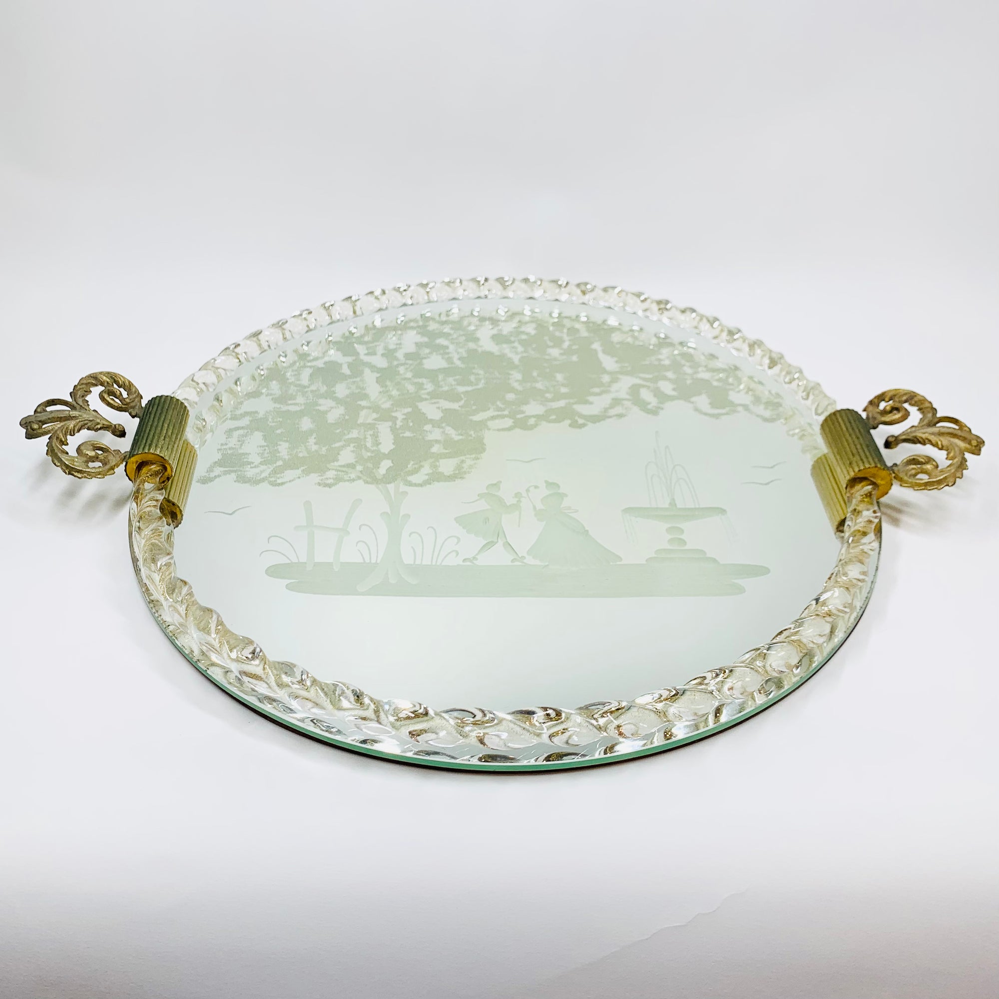1940s hand etched mirror tray with gold aventurine rope border