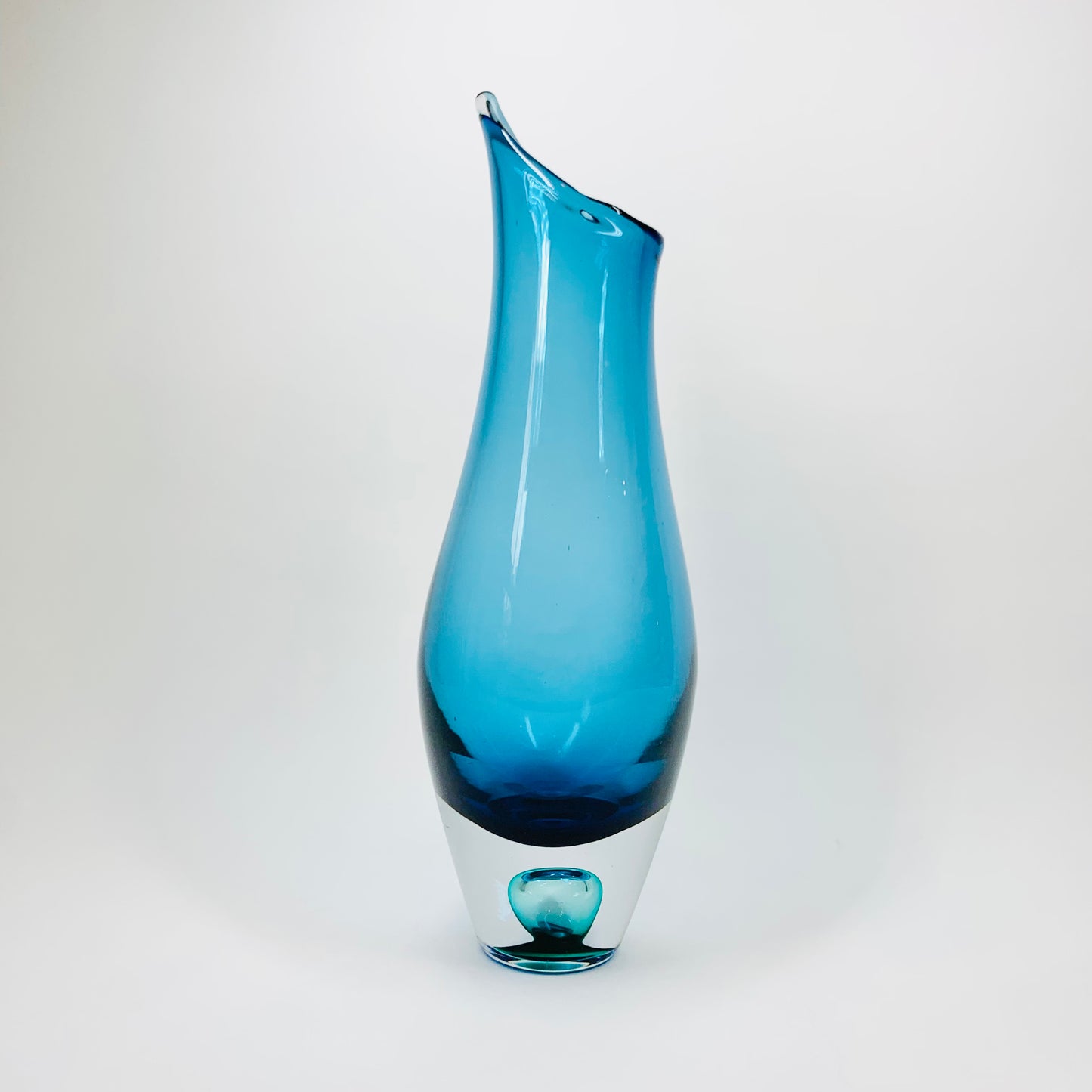 MCM aquamarine sommerso glass swung vase with controlled bubble paperweight base