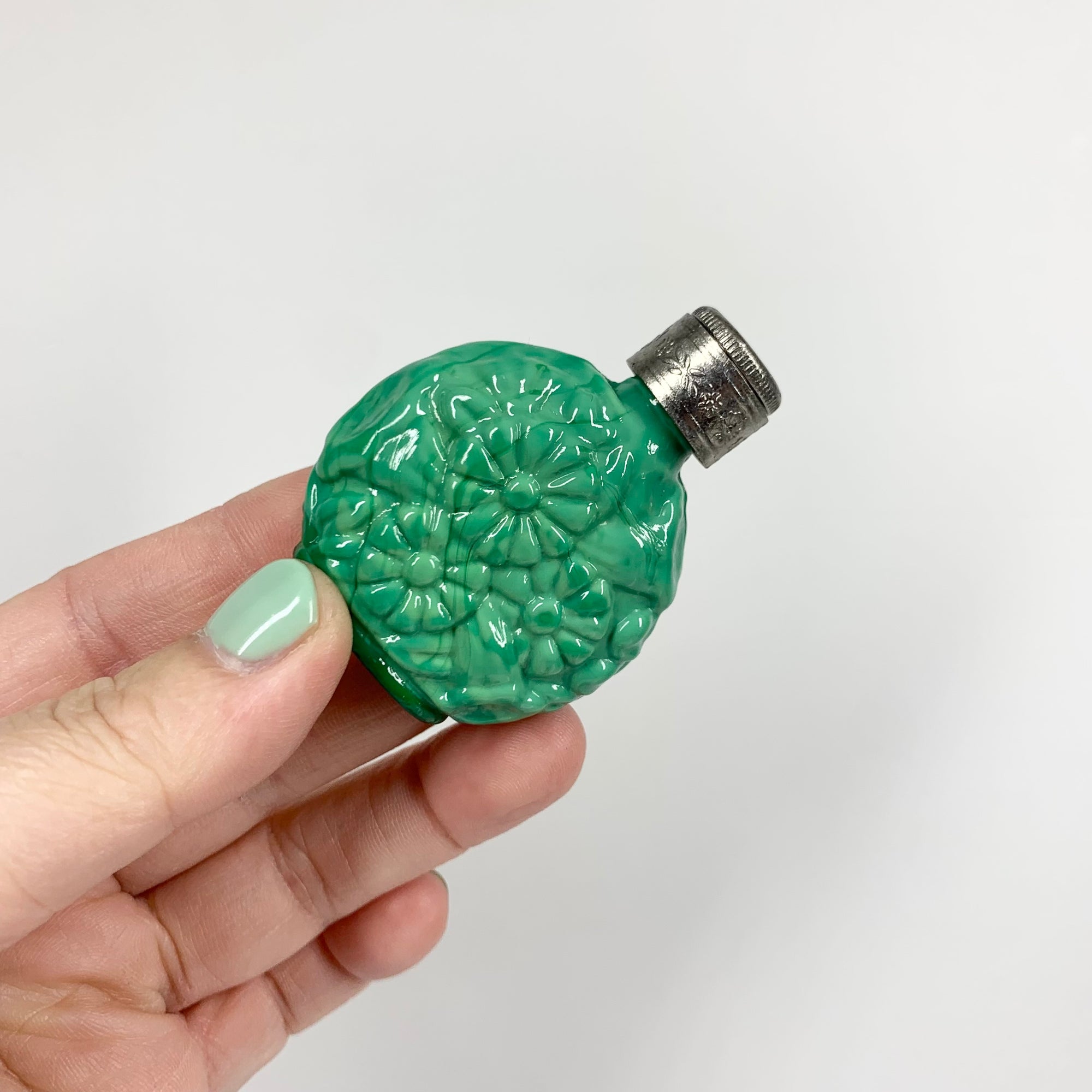 Antique hand carved Bohemian malachite mini perfume bottle with silver plated stopper