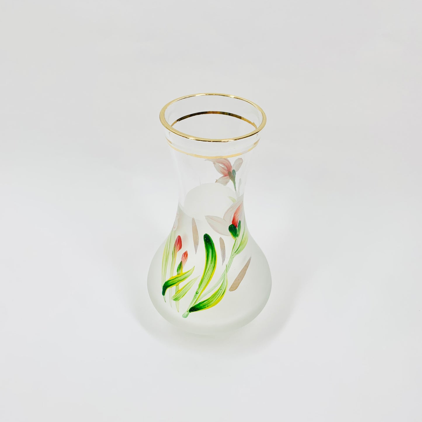 1970s hand painted satin glass posy vase with floral motif