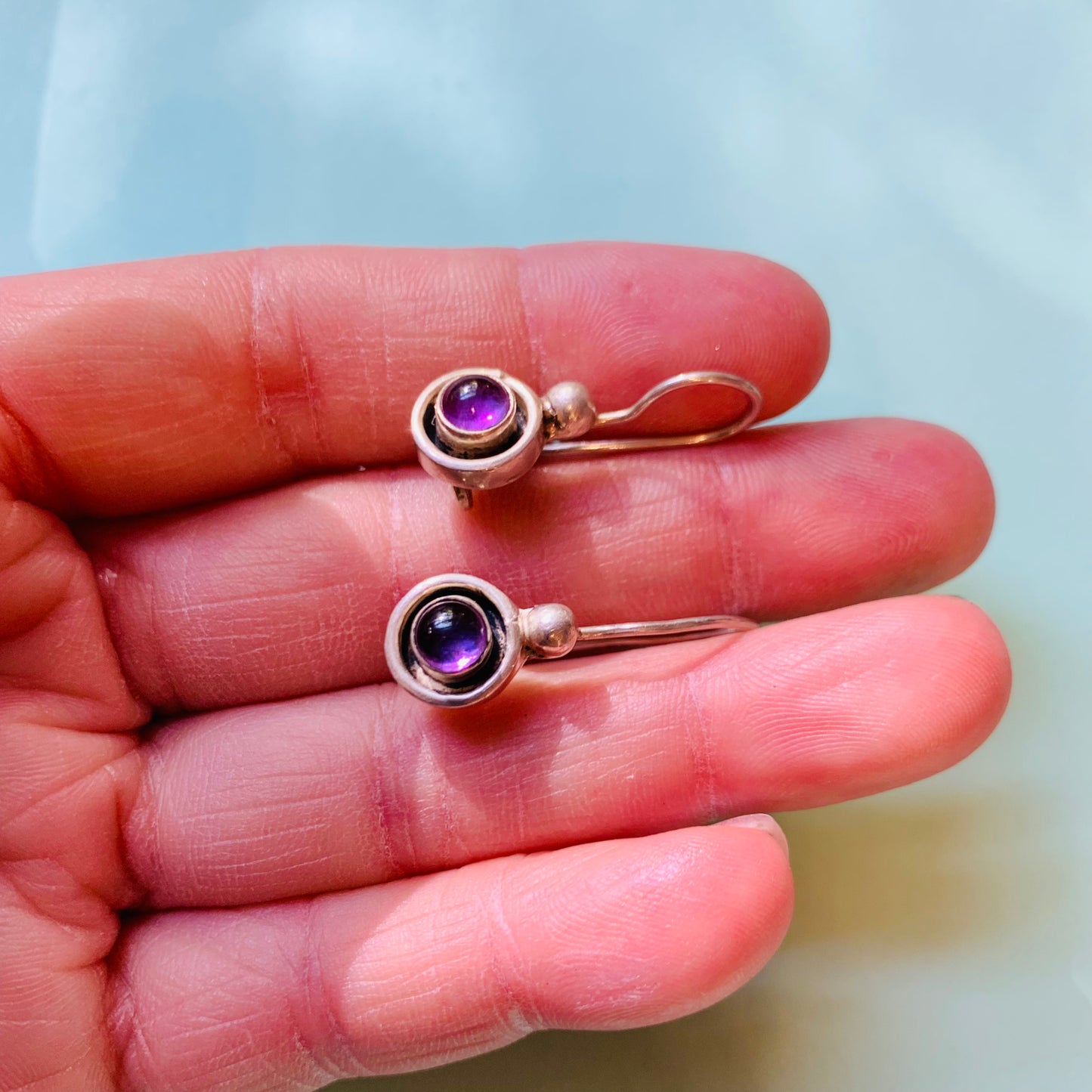 Antique sterling silver drop earrings with amethyst