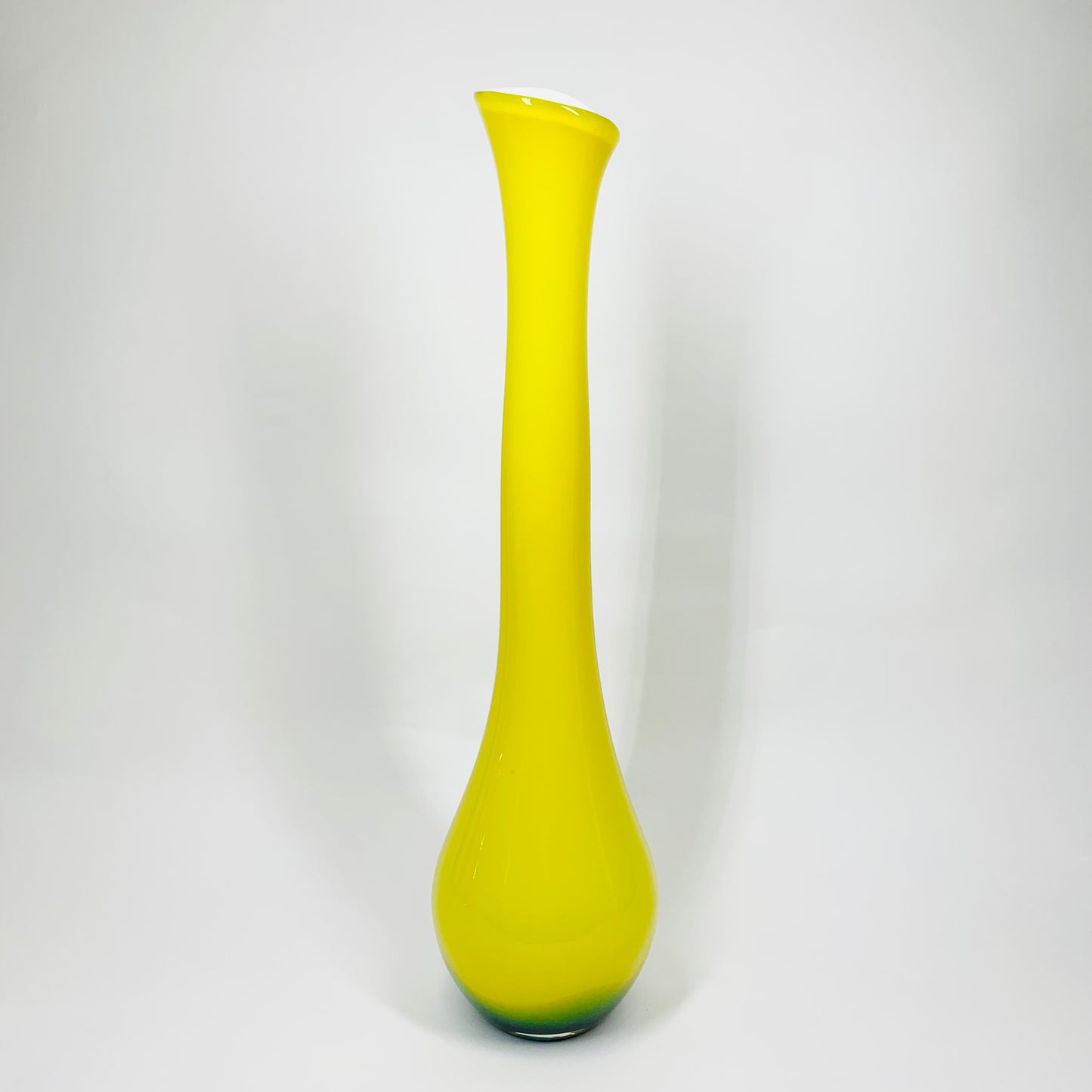 Rare 1970s tall hand made Japanese yellow & green cased glass swung vase