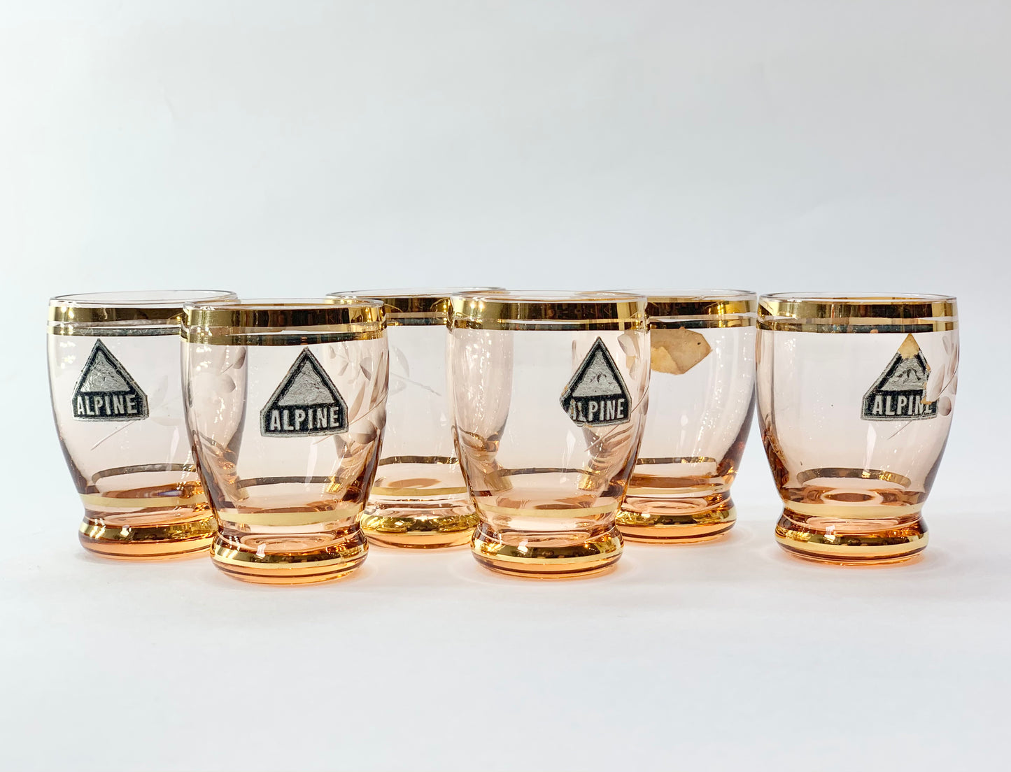 Rare 1940s hand etched pink glass decanter and matching shot glasses Alpine Glass Germany