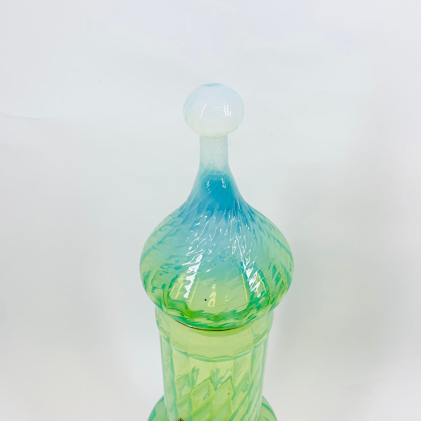 Extremely rare large Midcentury Italian green opalescent glass canister with milk glass base