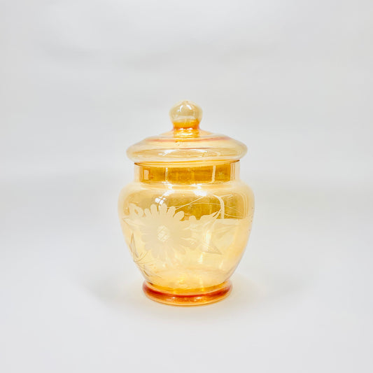 Antique etched carnival glass canister