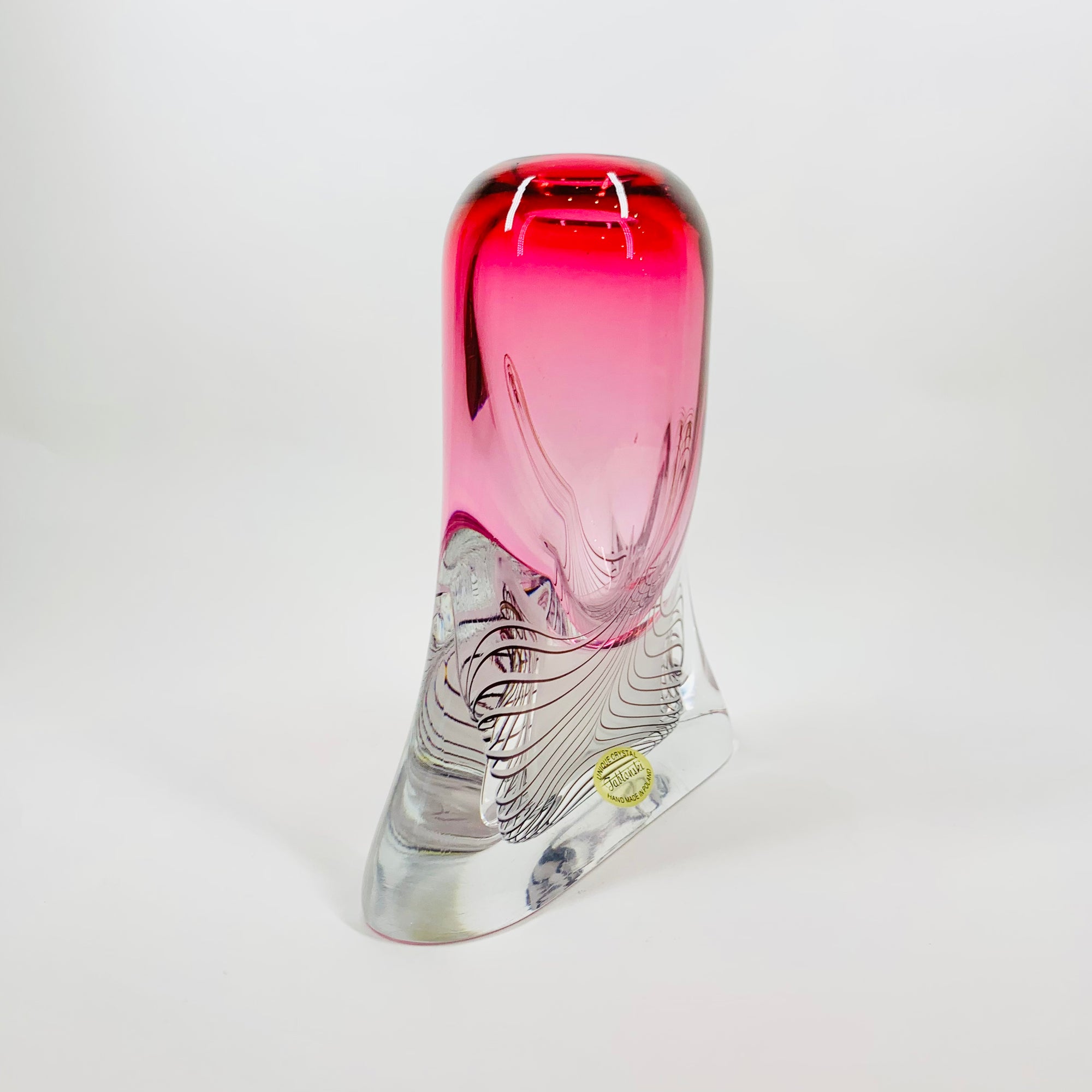 Vintage hand made signed Jablonski sommerso pink art glass vase