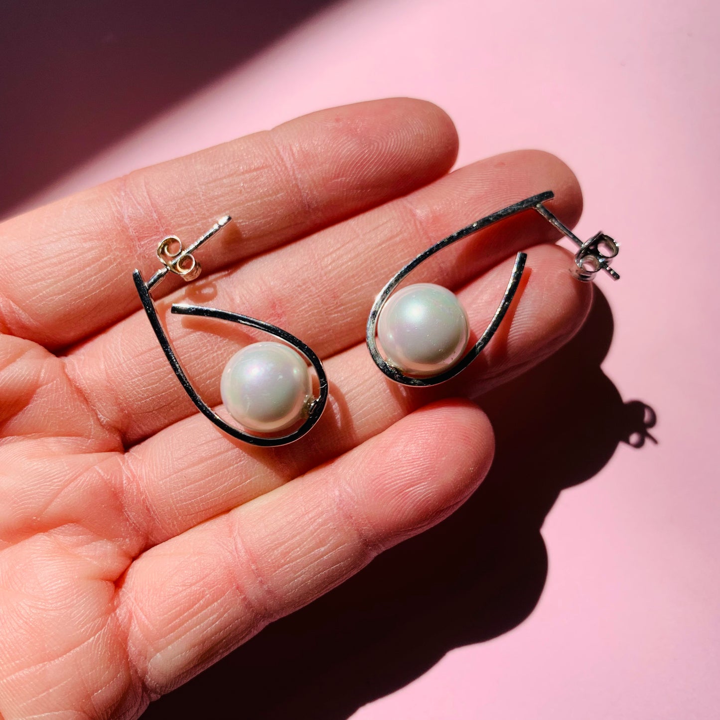 Vintage sterling silver drop stud earrings with sea pearls