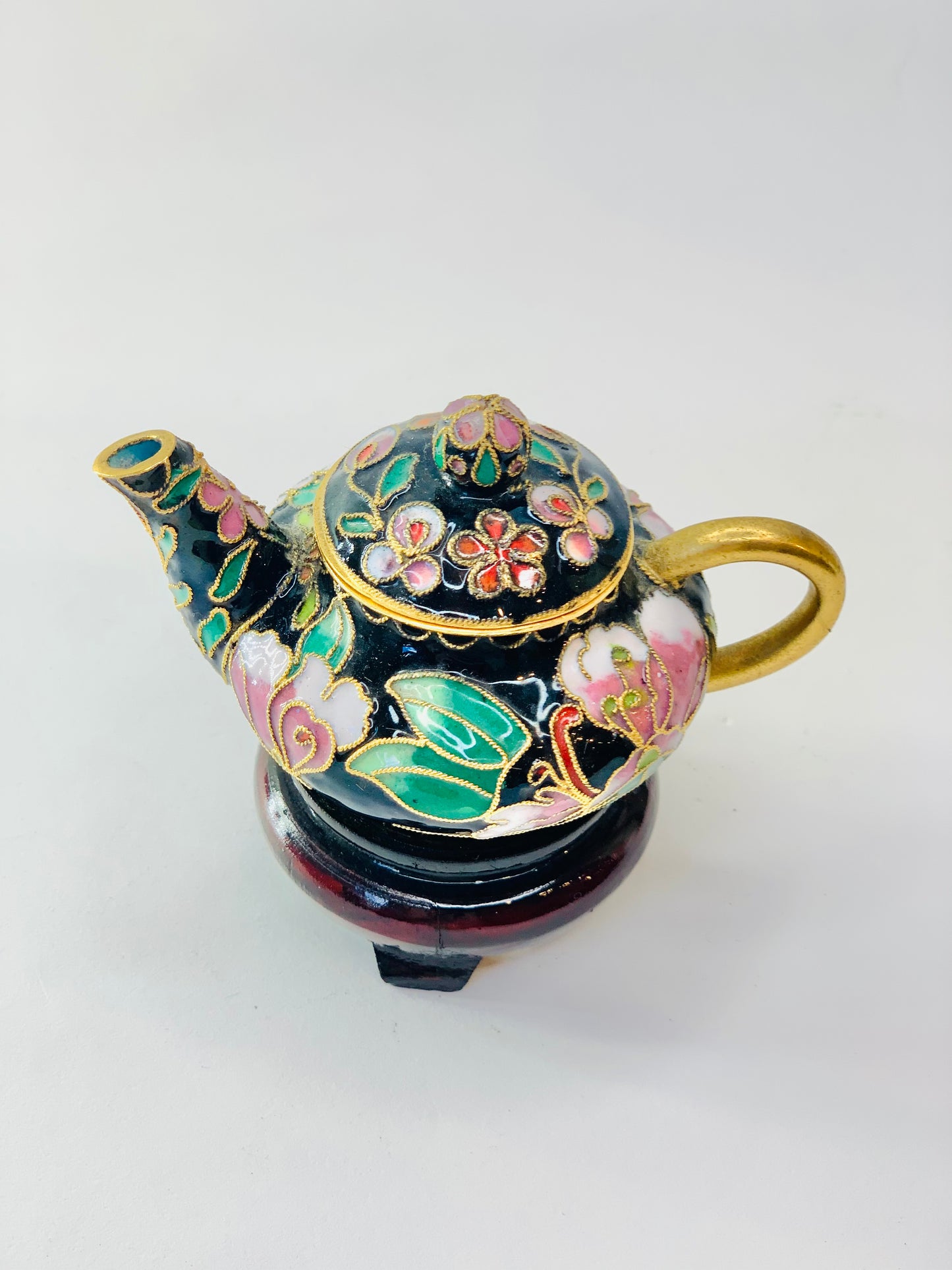 Antique mini cloisonné teapot with wooden stand