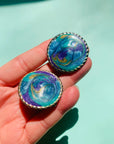 1960s Italian hand painted blue tie dye enamel button clip on earrings
