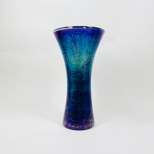 Hand made vintage peacock blue purple iridescent Gozo glass vase