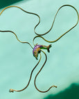Rare 1970s gold plated with purple enamel dolphin slider bolo necklace