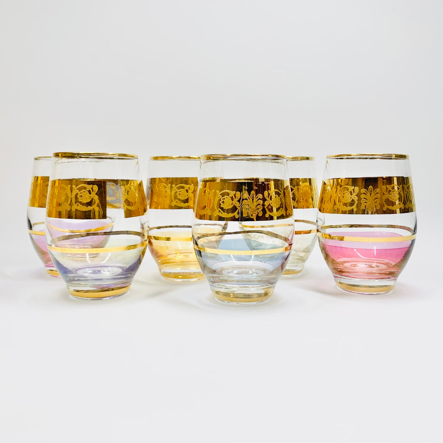 Extremely rare 1940s harlequin 24K gold gilded iridescent lustreware glass water tumblers