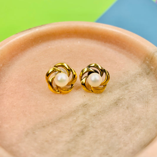 Vintage gold plated pearl stud button earrings