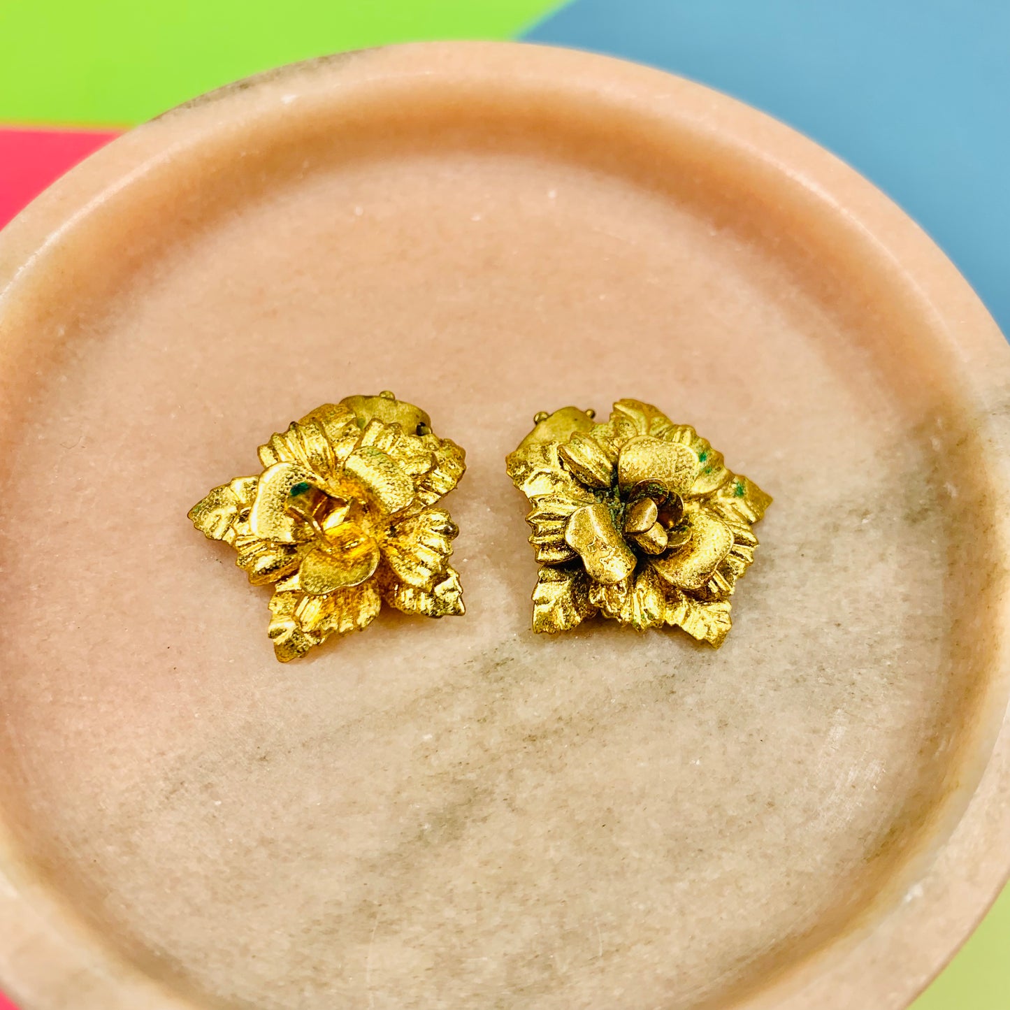 Extremely rare 1970s gold gilt clip on flower earrings