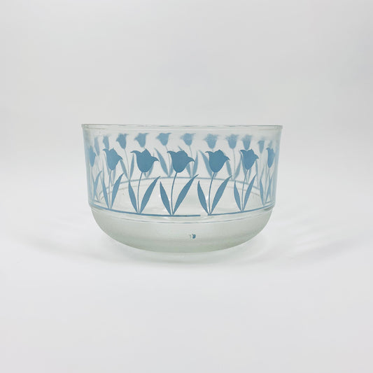 Midcentury Chinese glass salad bowl with blue tulips