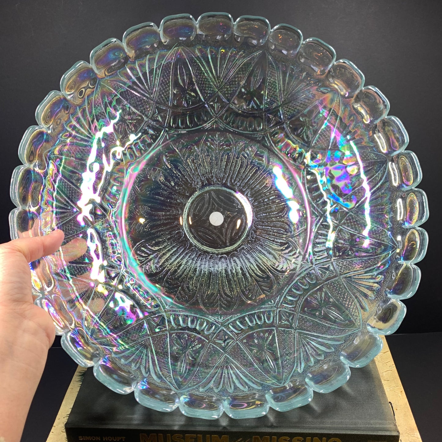 Large antique iridescent pressed glass scallop rim decorative/fruit bowl