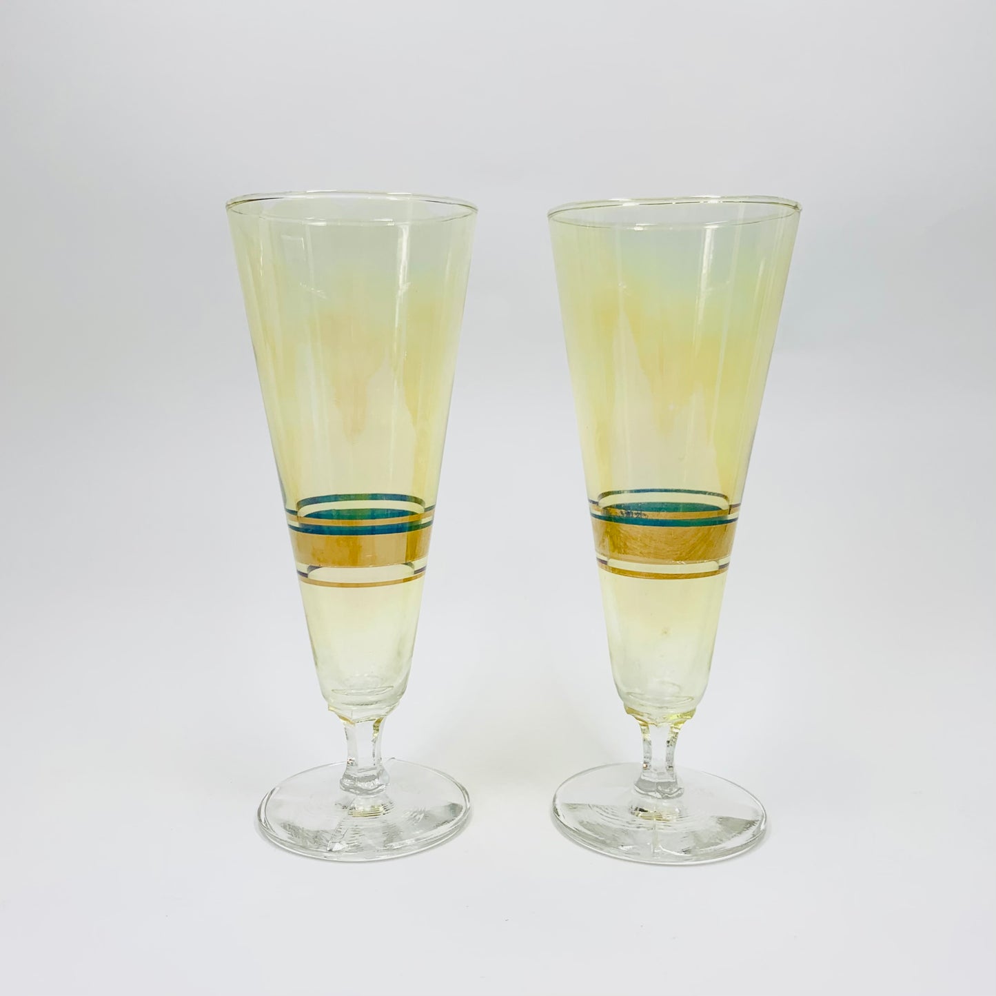 Extremely rare antique flashed iridescent gold glass champagne flutes