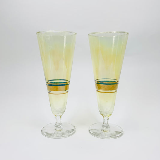 Extremely rare antique flashed iridescent gold glass champagne flutes