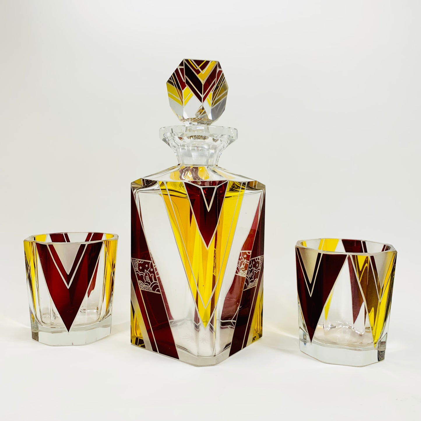 Extremely extremely rare antique Art Deco ruby & gold enamel glass decanter set by Karl Palda