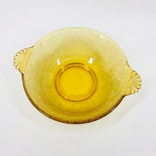 Midcentury laminated amber glass bowl with handles