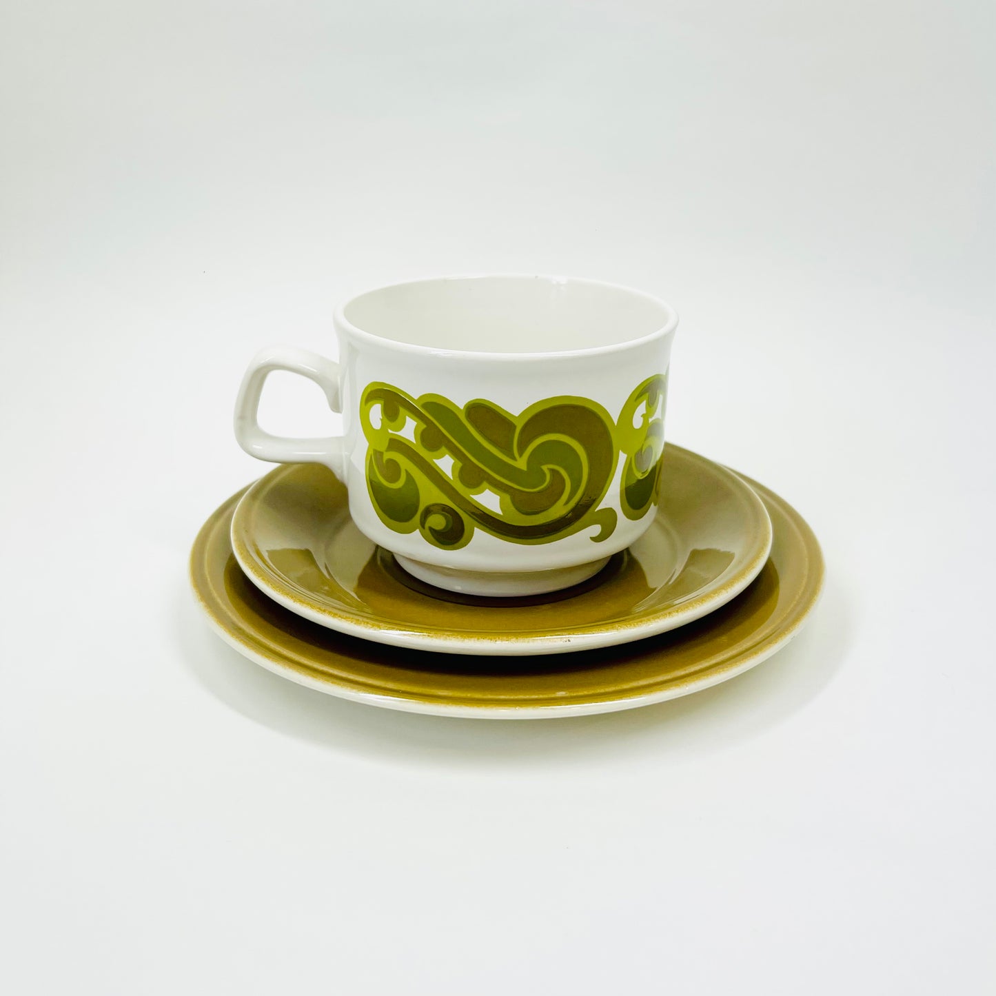 Retro Staffordshire English porcelain coffee/tea cup matching saucer & cake plate