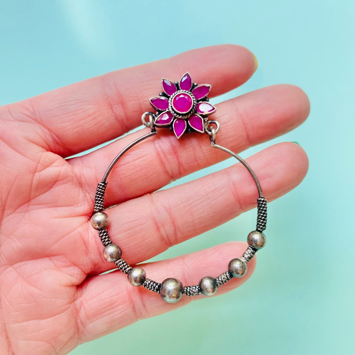 Vintage silver hoop earrings with pink agate flower studs