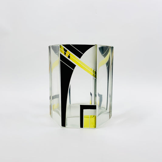 Antique Art Deco black and citrine hexagons glass posy vase by Karl Palda