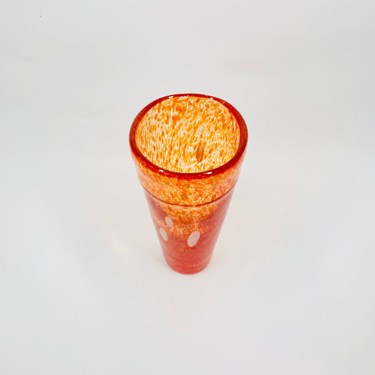 1980s orange mouth blown studio speckled art glass cylinder vase