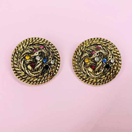 1980s brass gilt clip on button earrings with multi colour rhinestones
