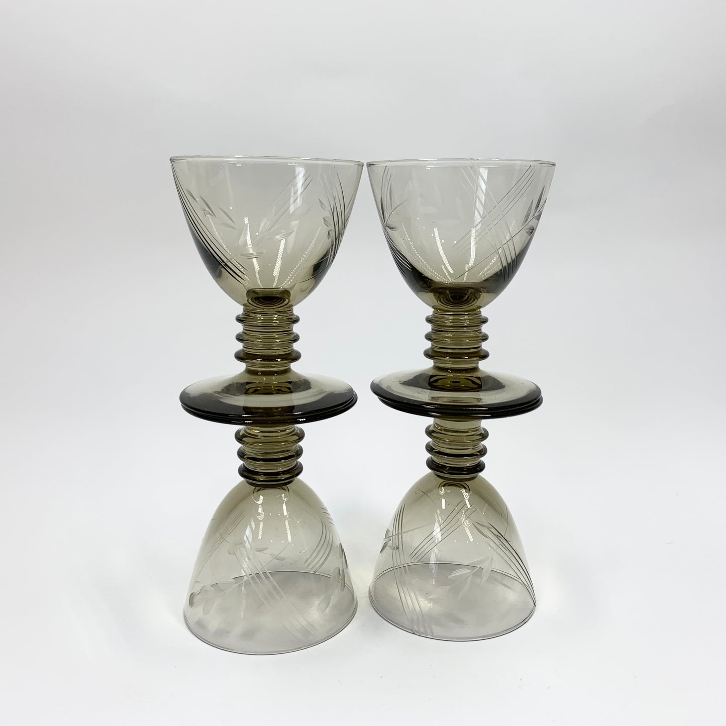 Antique hand etched grey liqueur glasses