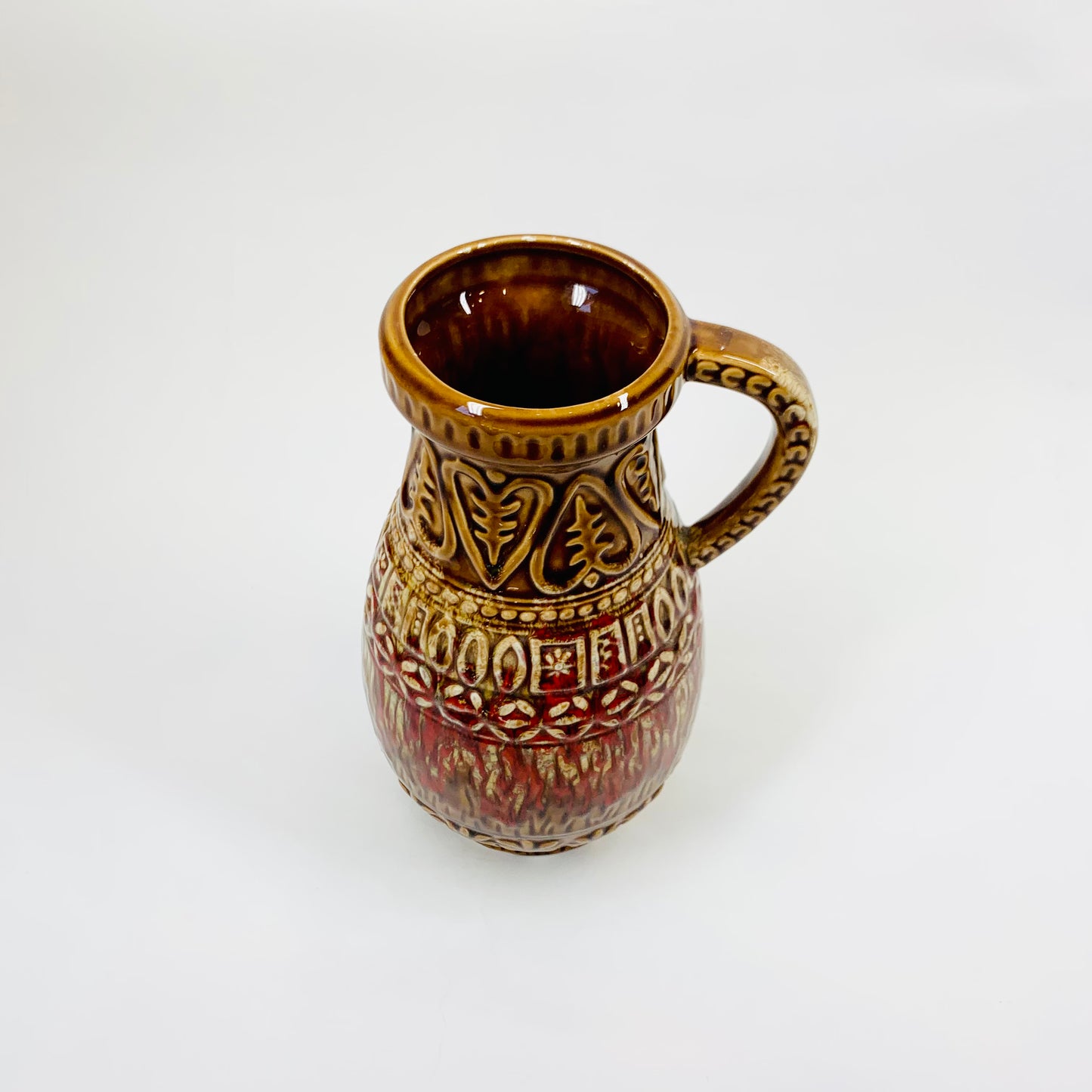 Midcentury hand made West German brown red motif pottery jug/vase