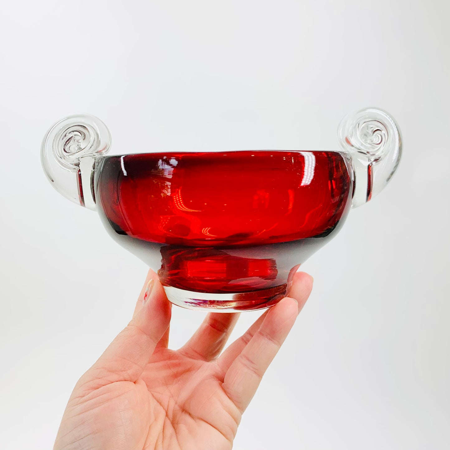 Antique red cranberry Murano glass bowl with clear scroll handles