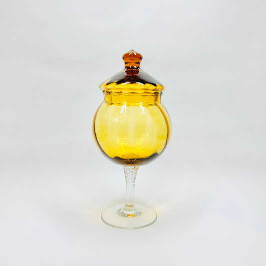 Midcentury Ellesby Ware amber glass footed canister/candy jar