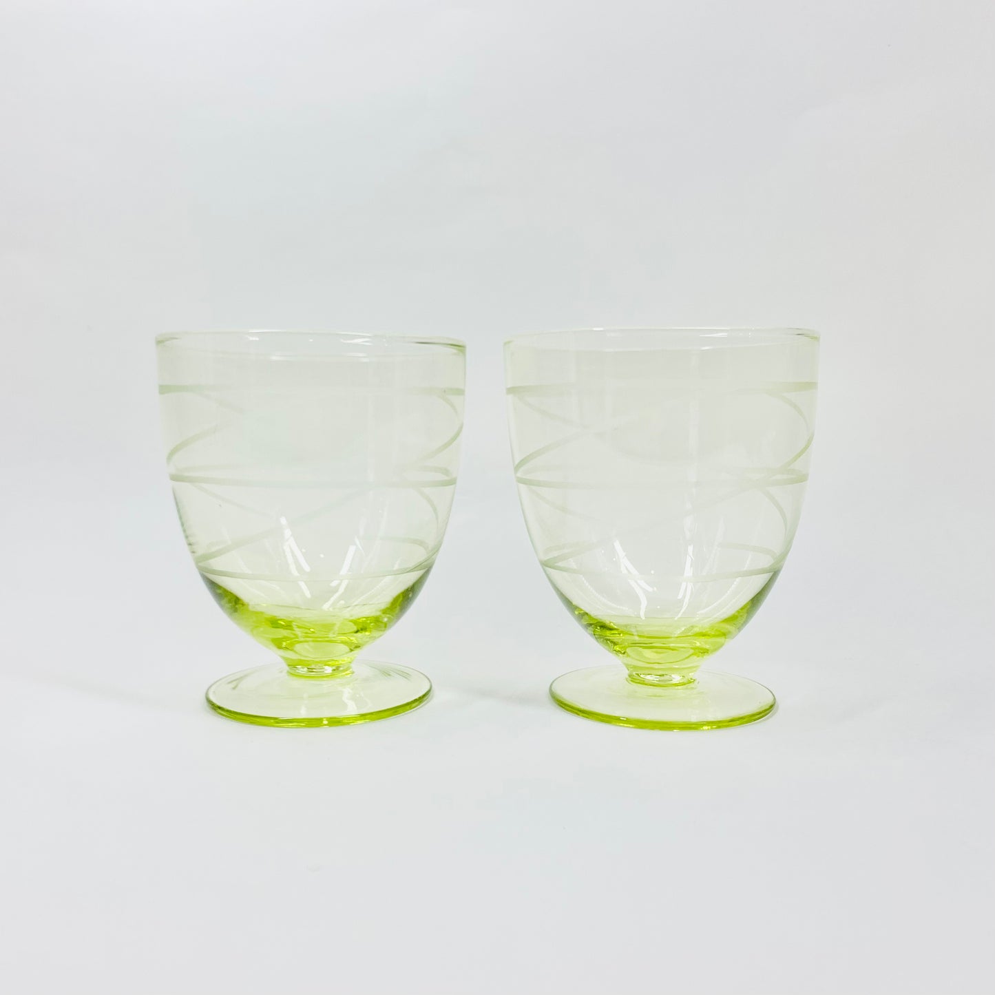 MCM etched green glass coupe/wine glasses