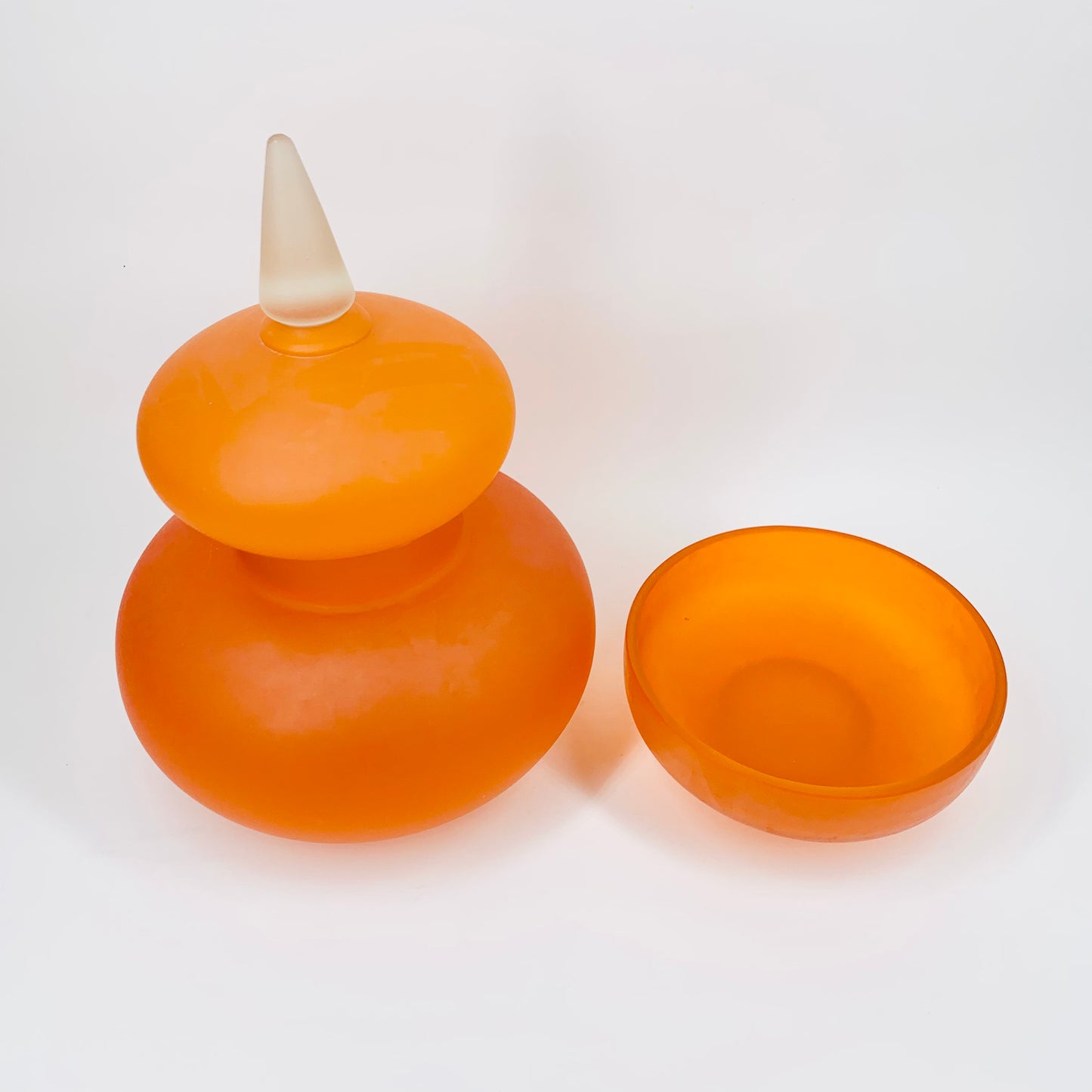 Extremely rare Midcentury Italian orange satin glass canister with minaret lid