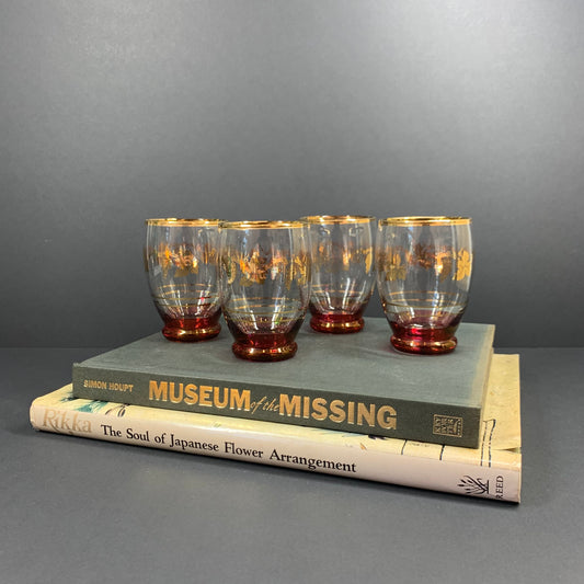 1940s flash red etched glass and gold gilded water tumblers