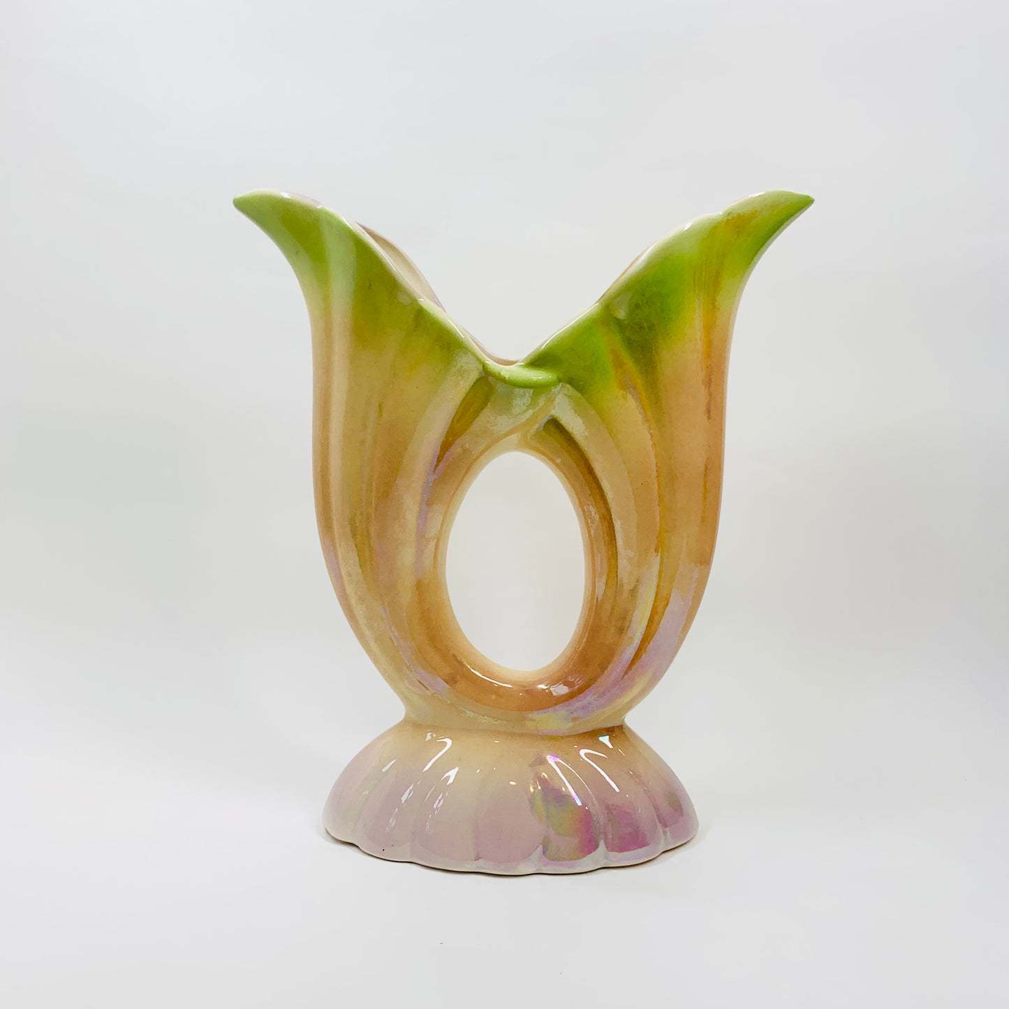 Large Art Deco Pates Australia pink yellow green lustre glaze pottery vase
