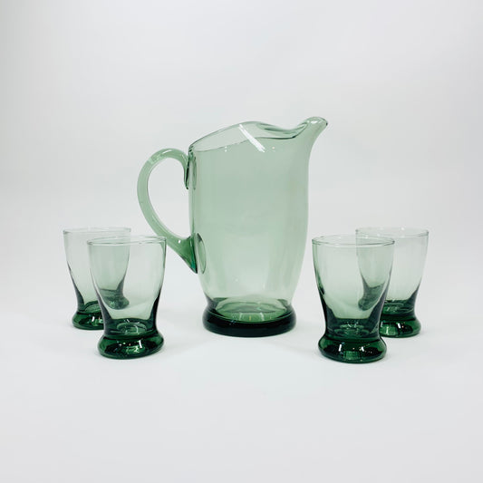 Midcentury greyish green mini glass jug with matching shot glasses