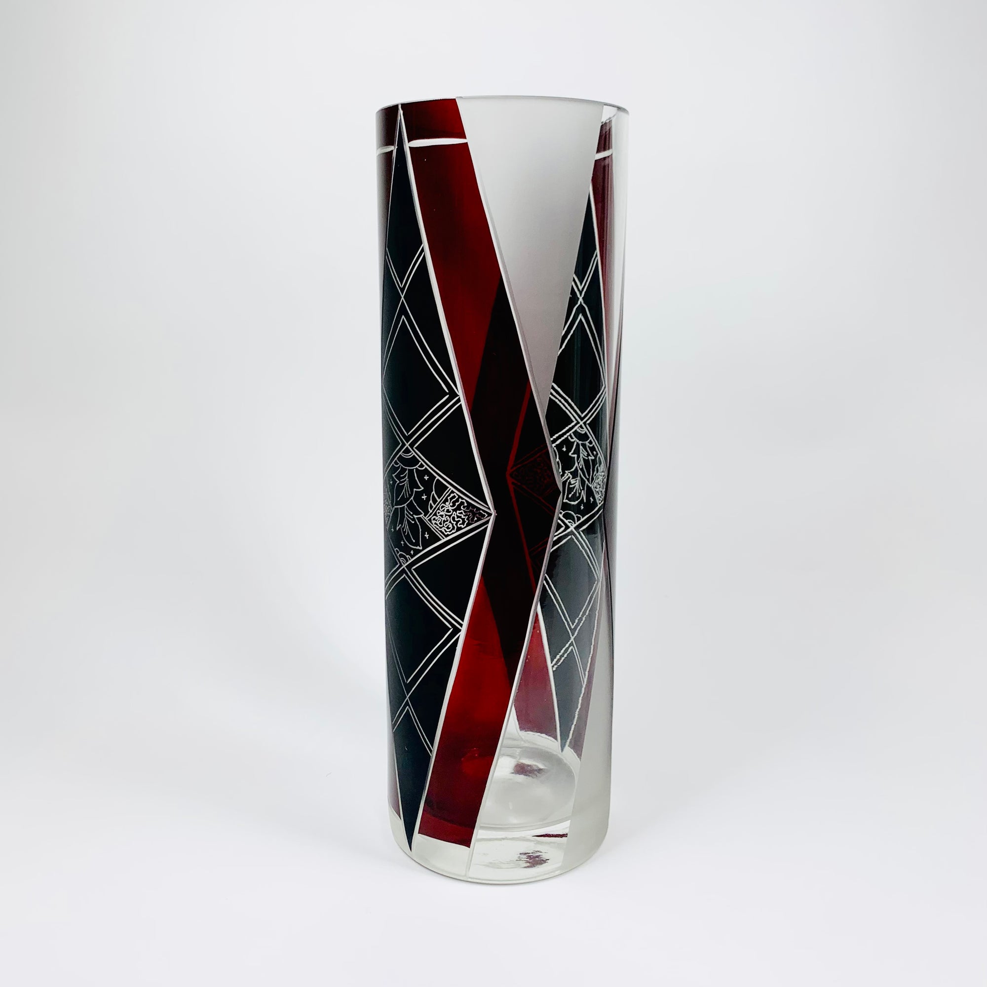 Extremely rare antique Art Deco part satin black and ruby enamel cylinder glass vase by Karl Palda