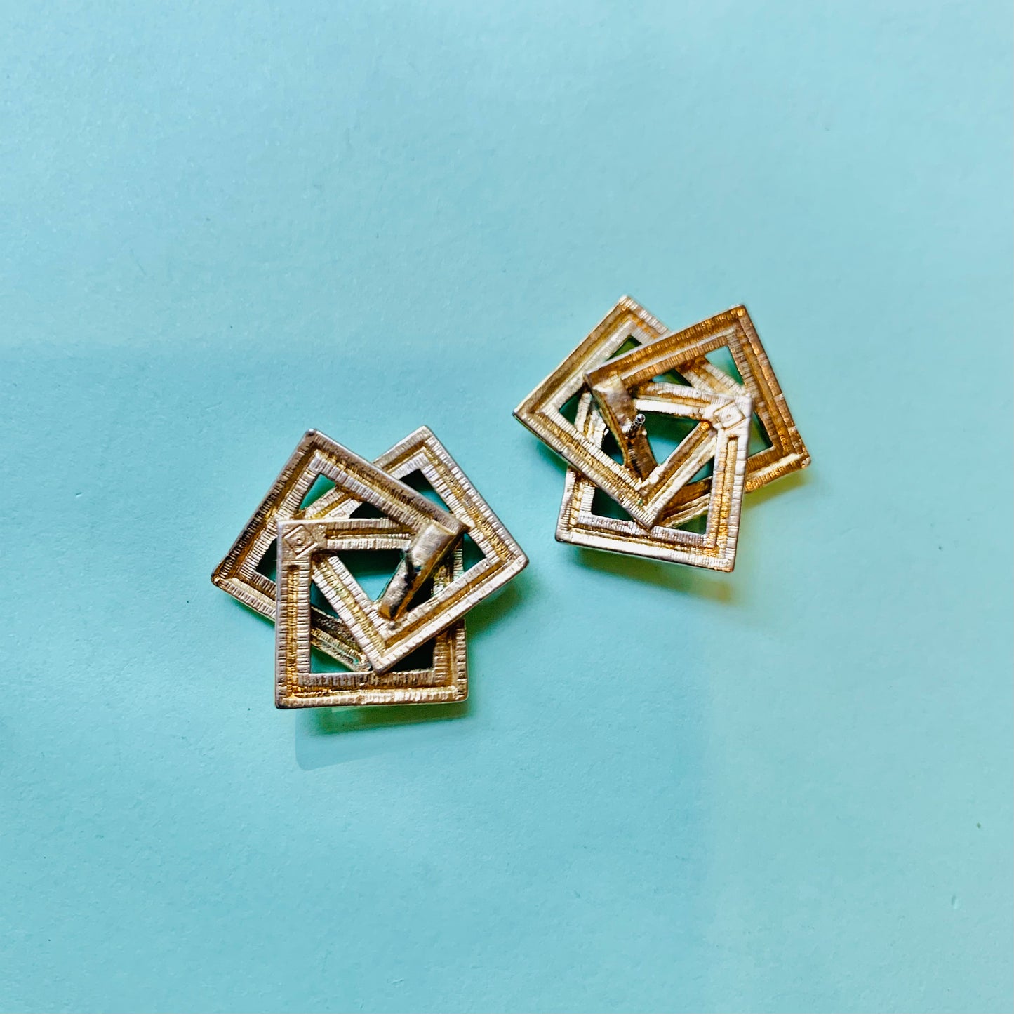 Rare 1960s French brass puzzle stud earrings