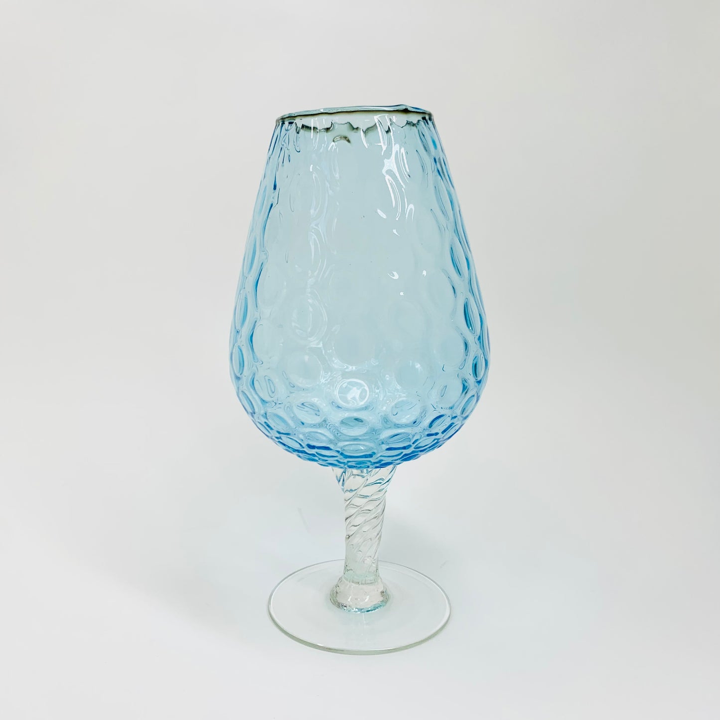Midcentury Italian dimpled blue glass brandy balloon vase with clear stem
