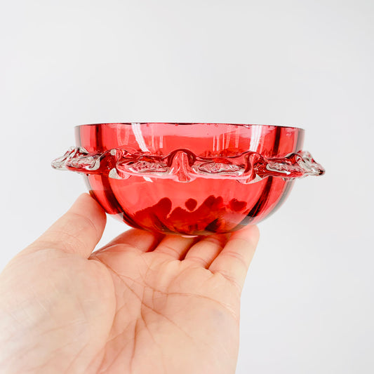 Extremely rare antique Victorian cranberry glass small bowl with clear ruffle rim