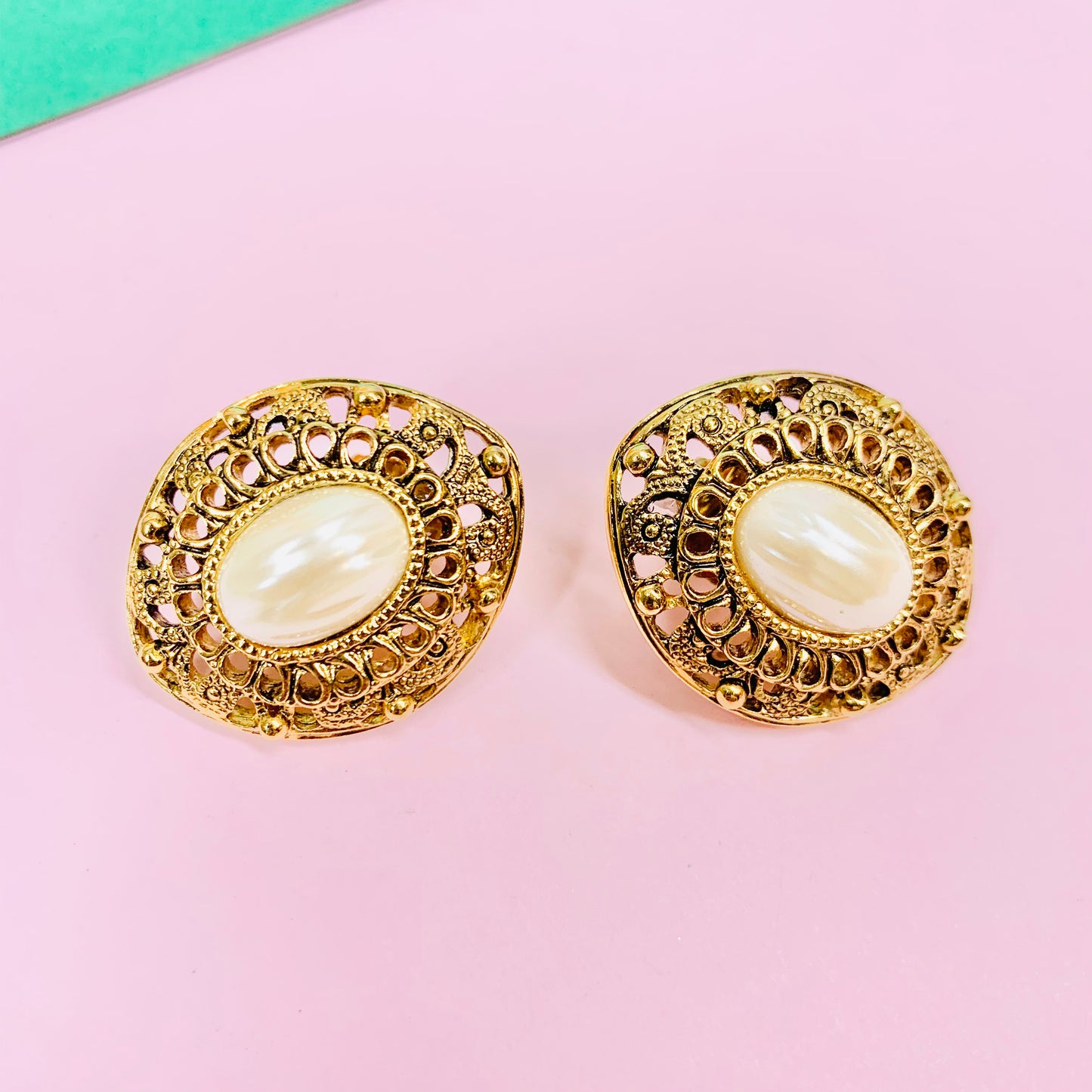 Rare stunning 1960s gold plated clip on pearl button earrings with filigree border